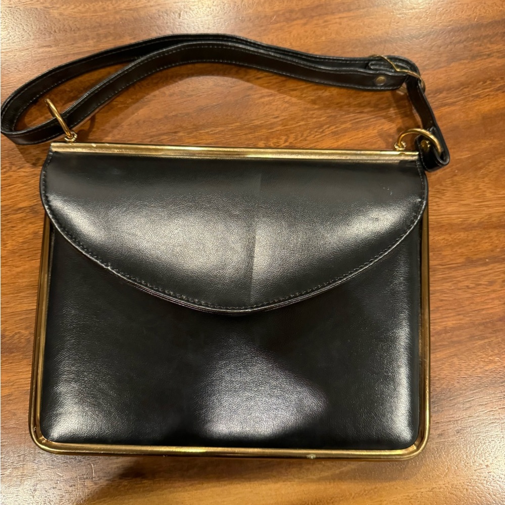 Black and Gold Structured Shoulder Bag with Adjustable Strap